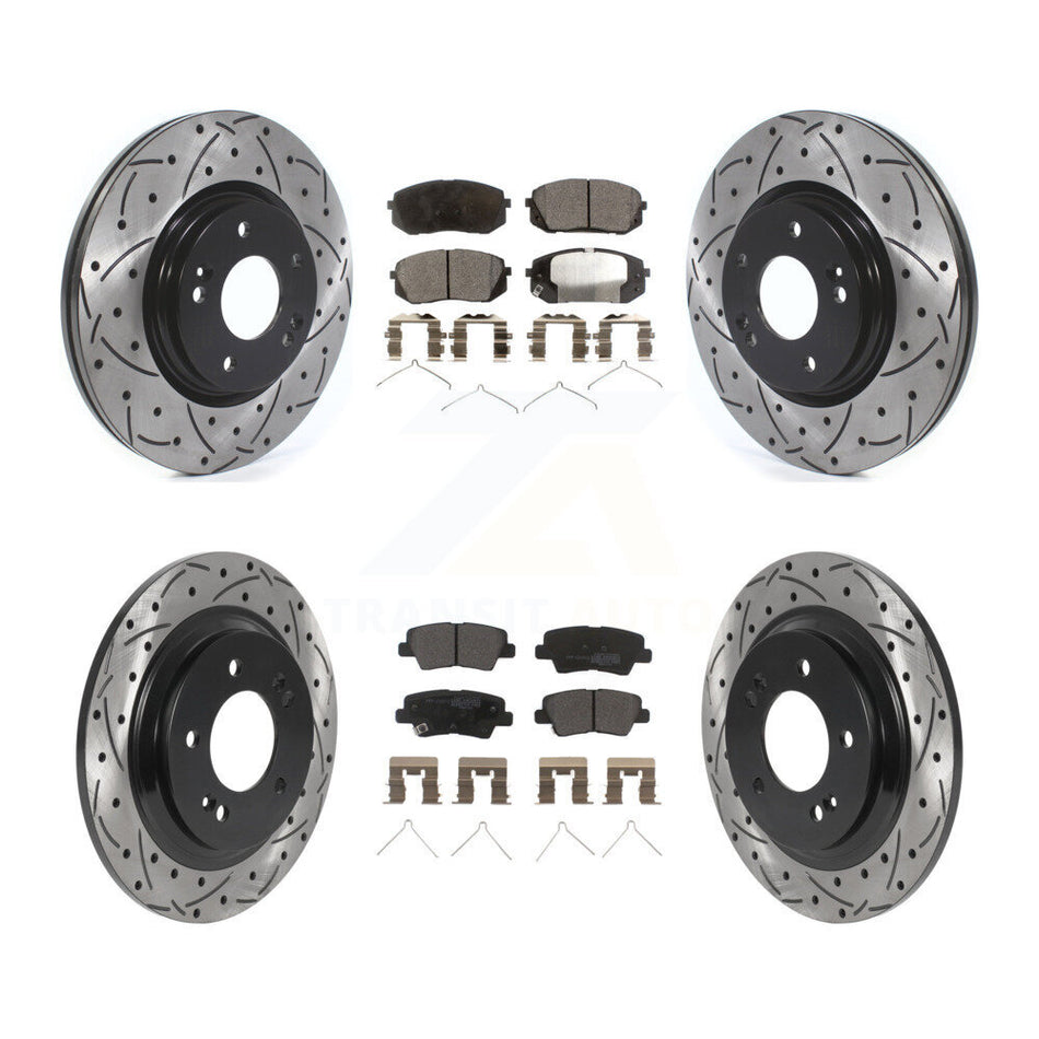 Front Rear Coated Drilled Slotted Disc Brake Rotor & Semi-Metallic Pad Kit For Kia Optima KDF-100865