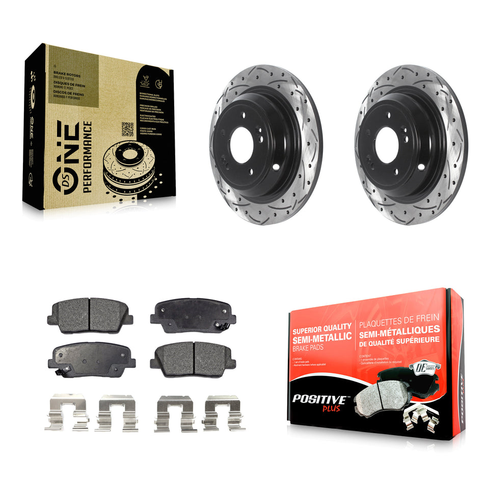 Rear Coated Drilled Slotted Disc Brake Rotors & Semi-Metallic Pad Kit For Hyundai Genesis KDF-100902