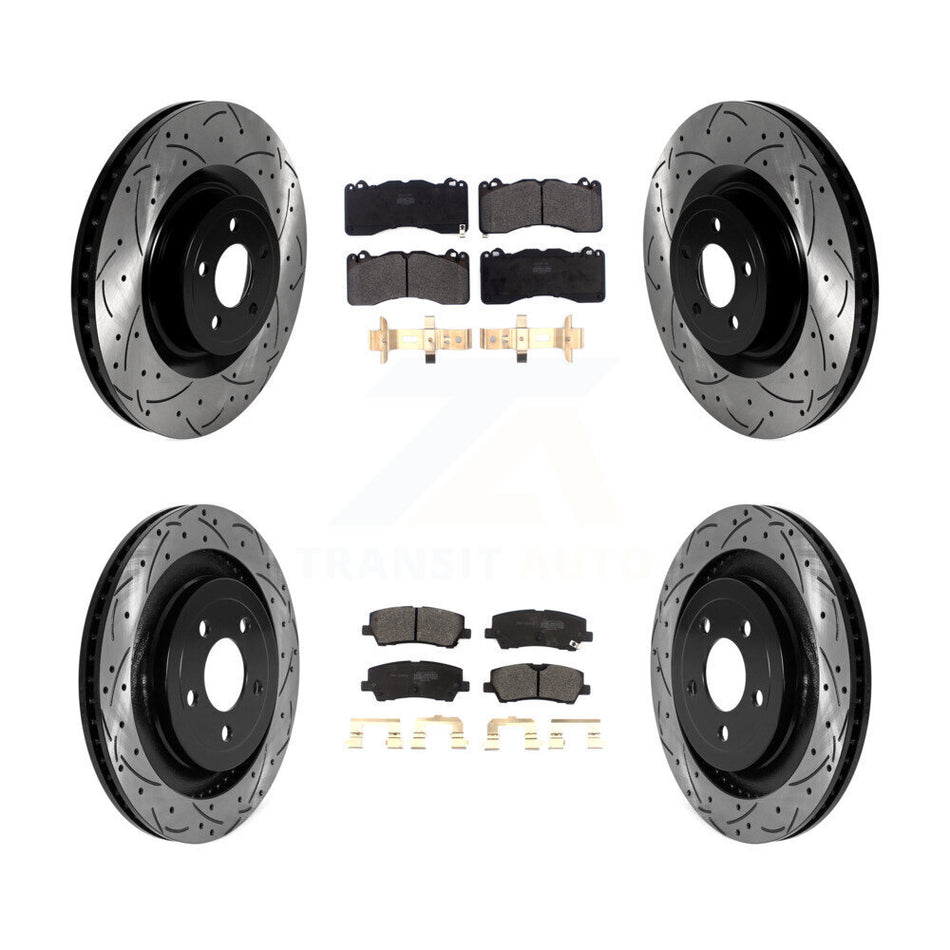 Front Rear Coated Drilled Slotted Disc Brake Rotor Semi-Metallic Pad Kit For Ford Mustang KDF-101021