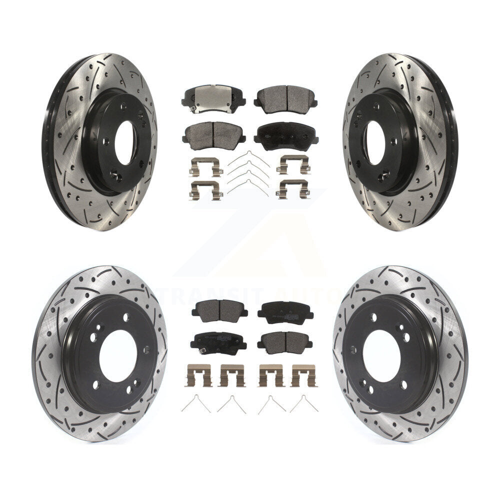 Front Rear Coated Drill Slot Disc Brake Rotors Semi-Metallic Pad Kit For Hyundai Veloster KDF-101137