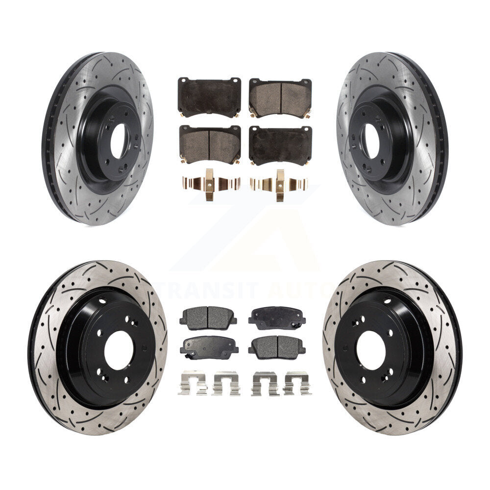 Front Rear Coat Drill Slot Disc Brake Rotors Semi-Metallic Pad Kit For 2011 Hyundai Equus KDF-101295