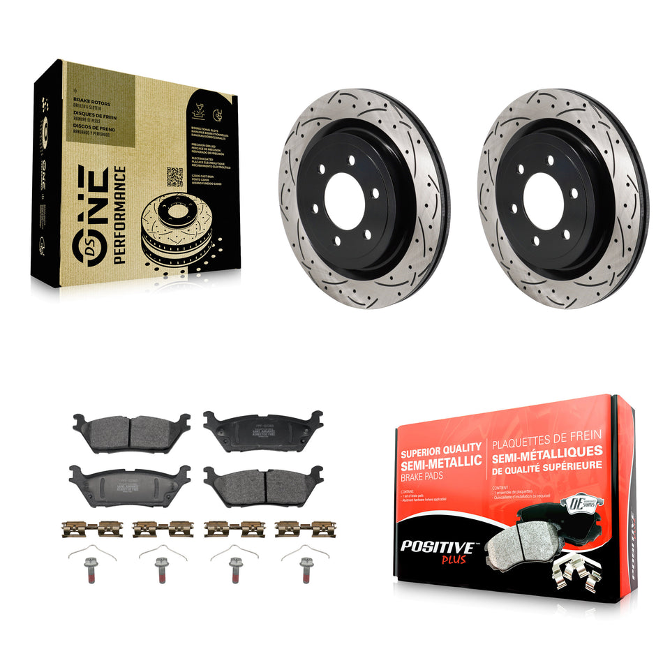 Rear Coated Drilled Slot Disc Brake Rotors Semi-Metallic Pad Kit For Ford F-150 Lightning KDF-101352