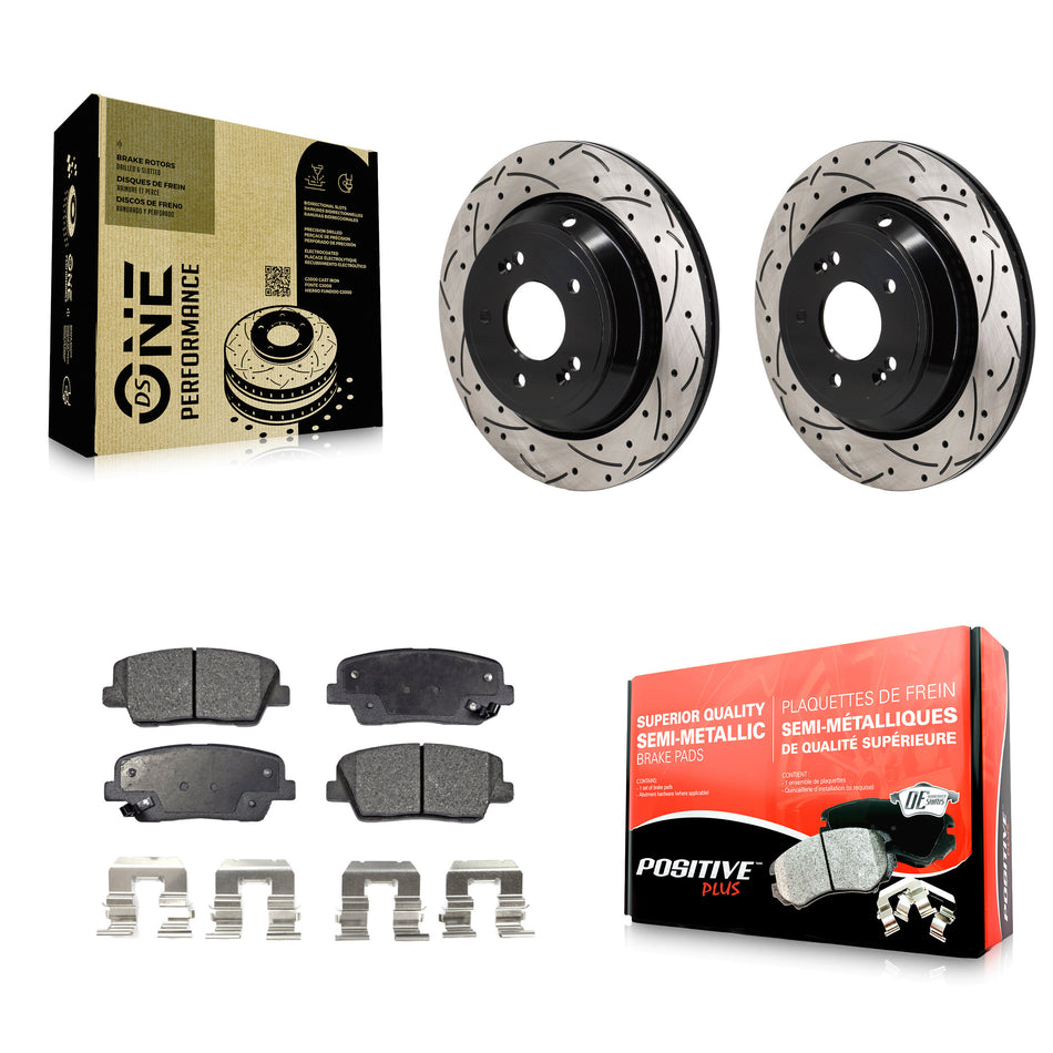 Rear Coated Drill Slot Disc Brake Rotors Semi-Metallic Pad Kit For Hyundai Equus Kia K900 KDF-101365