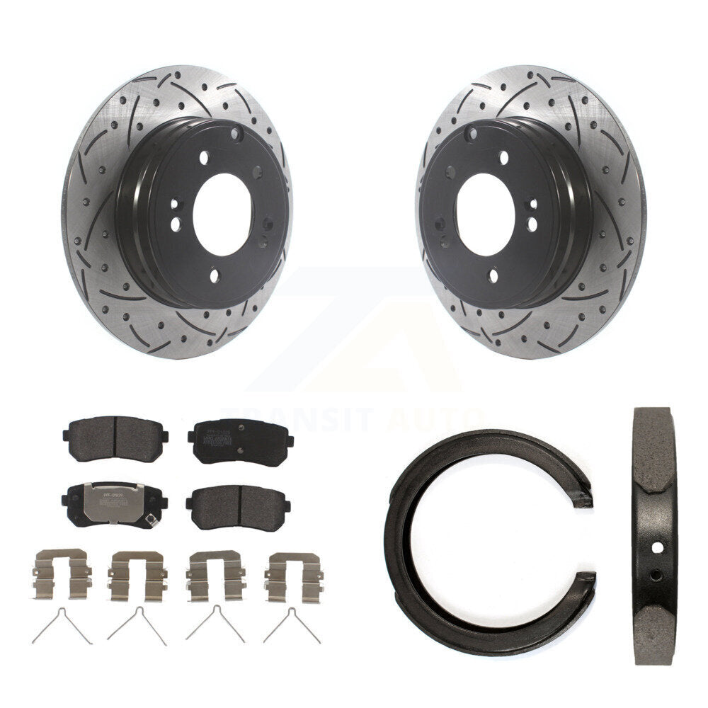 Rear Disc Drilled & Slotted Rotors Semi-Metallic Pads Parking Shoes Kit For Kia Optima KDF-101392