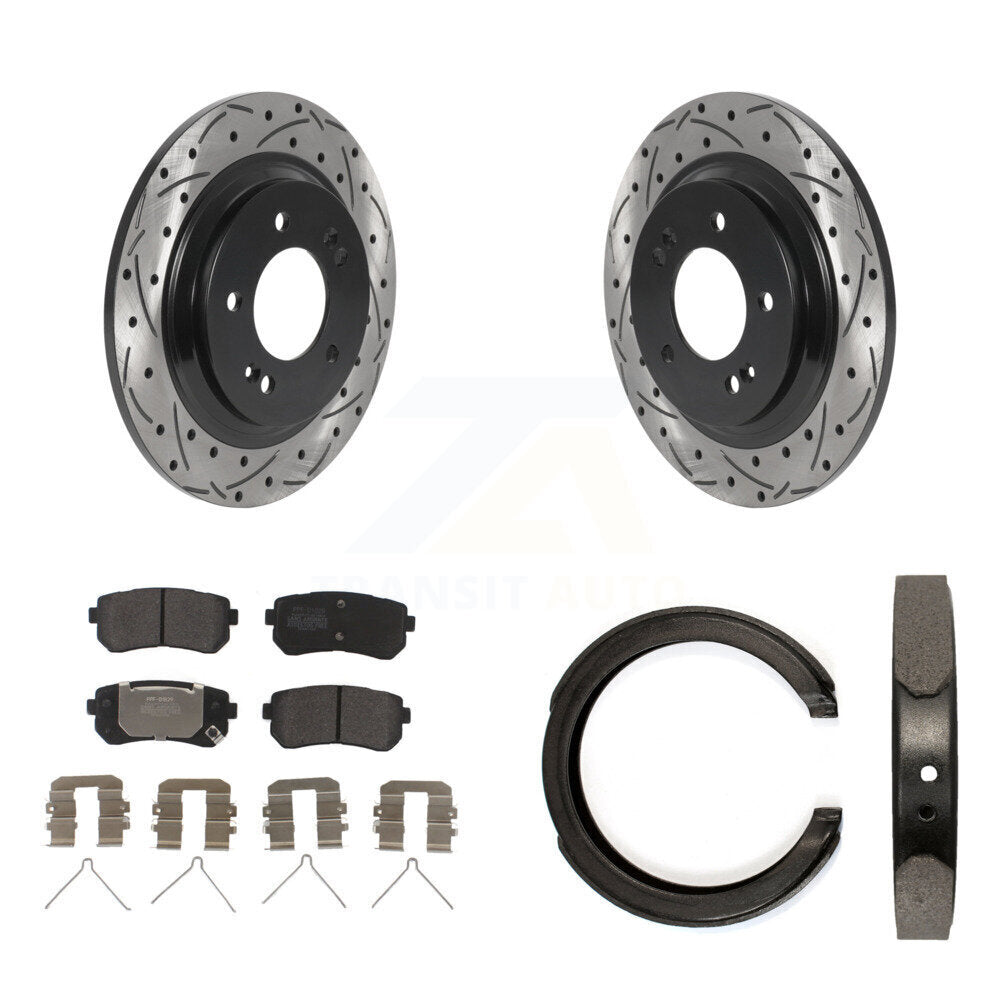Rear Disc Drilled & Slotted Rotors Semi-Metallic Pads Parking Shoes Kit For Kia Optima KDF-101393