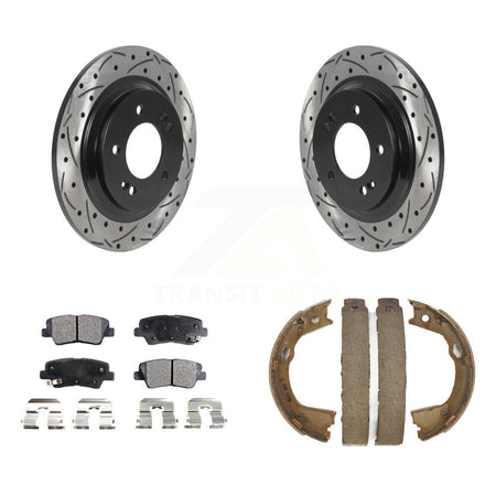 Rear Disc Drilled & Slotted Rotors Semi-Metallic Pads Parking Shoes Kit For Kia Optima KDF-101394