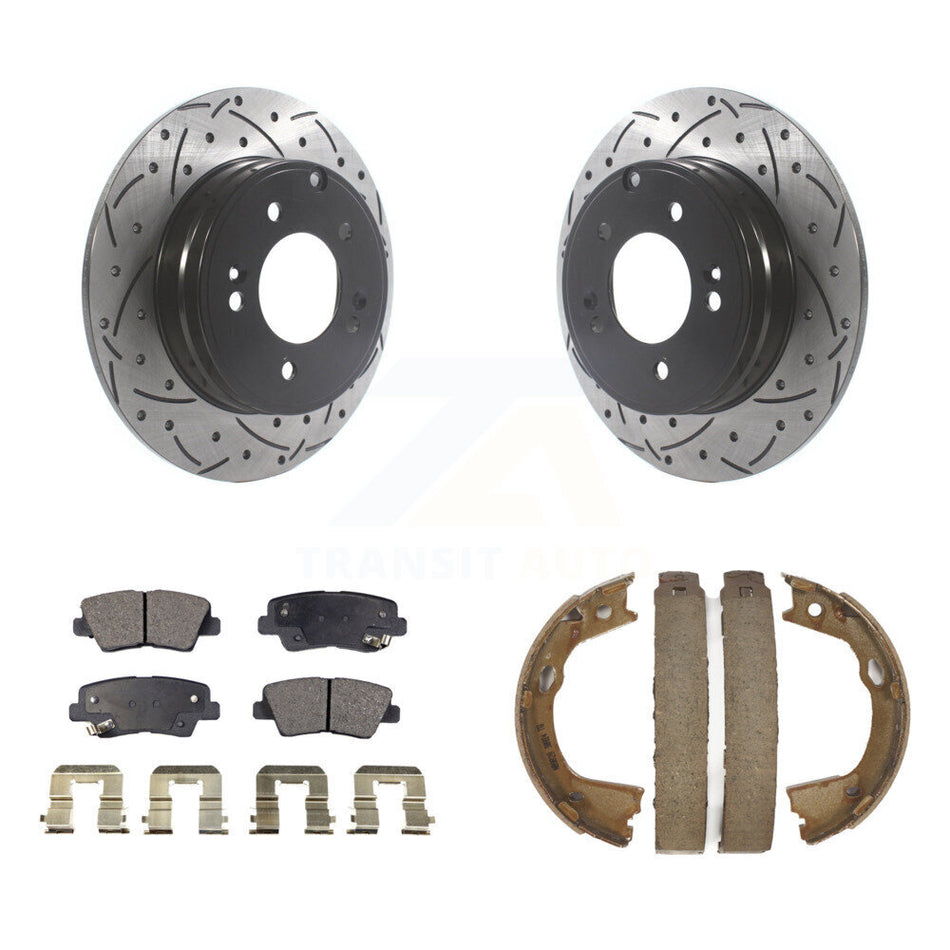 Rear Disc Drilled & Slotted Rotors Semi-Metallic Pads Parking Shoes Kit For Hyundai Kia KDF-101395