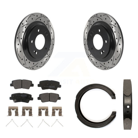 Rear Disc Drilled & Slotted Rotors Semi-Metallic Pads Parking Shoes Kit For Kia Optima KDF-101396