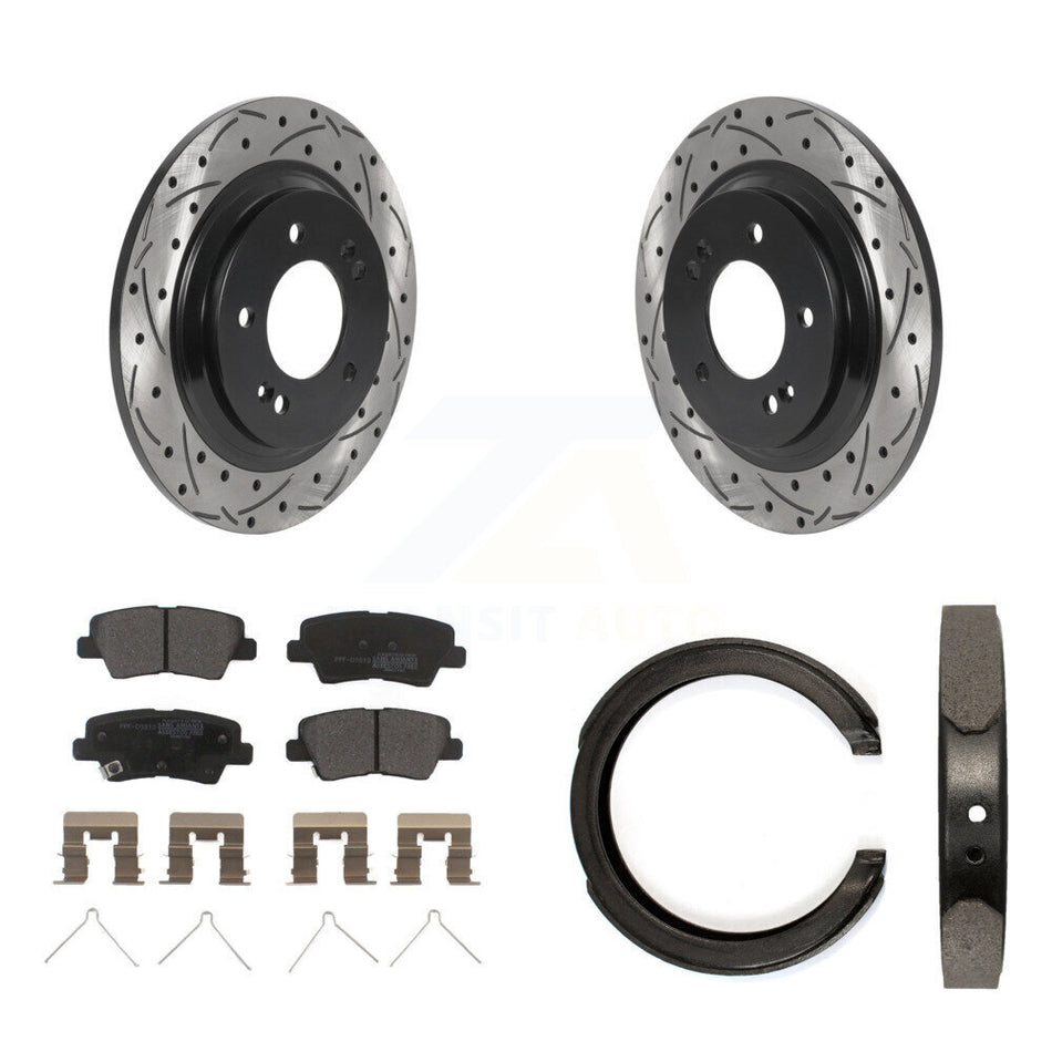 Rear Disc Drilled & Slotted Rotors Semi-Metallic Pads Parking Shoes Kit For Kia Optima KDF-101396