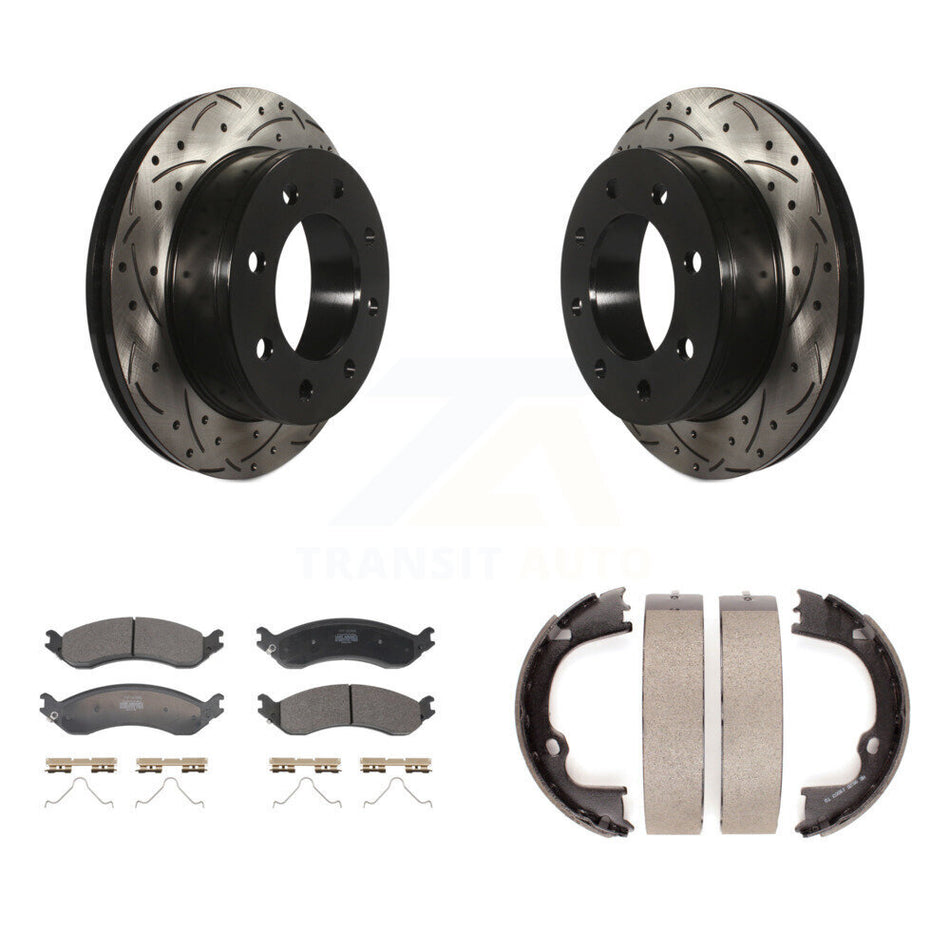 Rear Disc Drilled & Slotted Rotors Semi-Metallic Pads Parking Shoes Kit For GMC Chevrolet KDF-101398