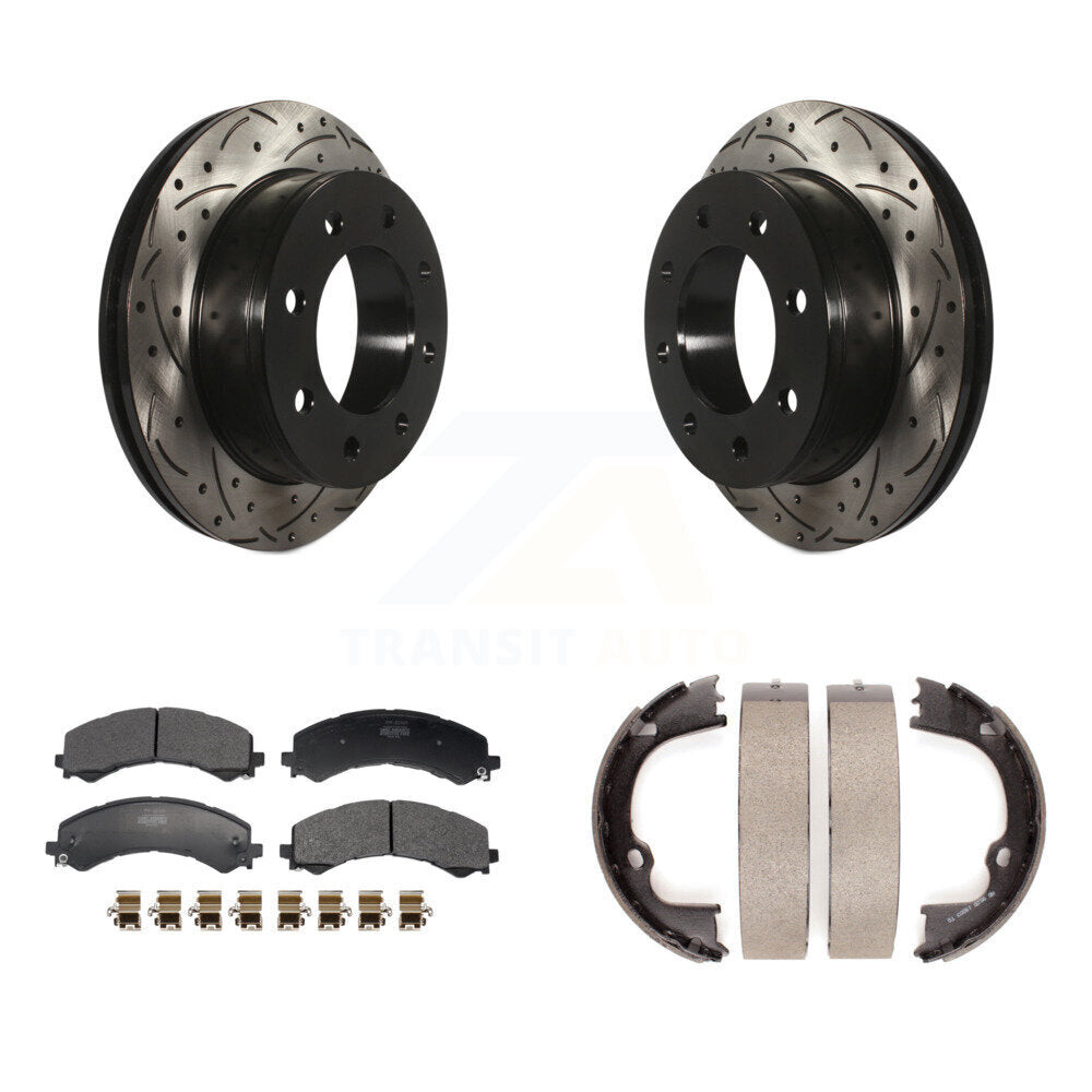 Rear Disc Drilled & Slotted Rotors Semi-Metallic Pads Parking Shoes Kit For GMC Savana KDF-101399