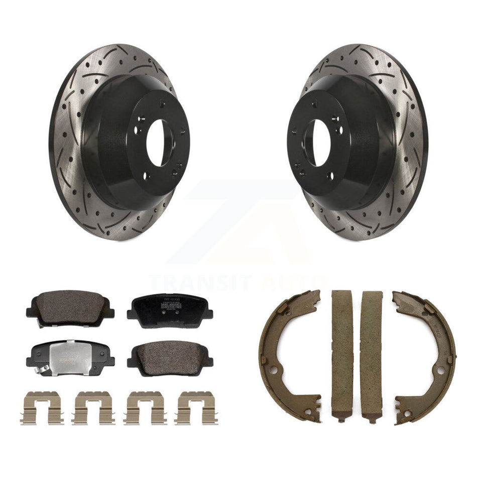 Rear Disc Drilled & Slotted Rotors Semi-Metallic Pads Parking Shoes Kit For Hyundai Santa KDF-101401