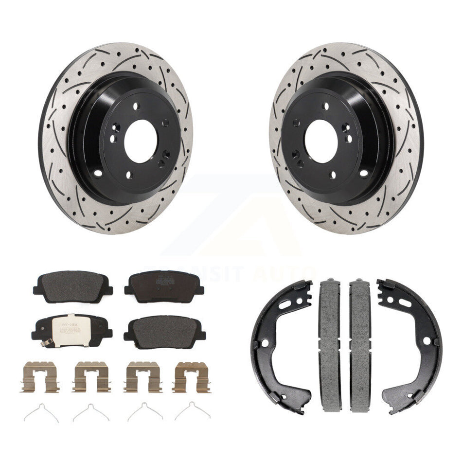 Rear Disc Drilled & Slotted Rotors Semi-Metallic Pads Parking Shoes Kit For Kia Stinger KDF-101403