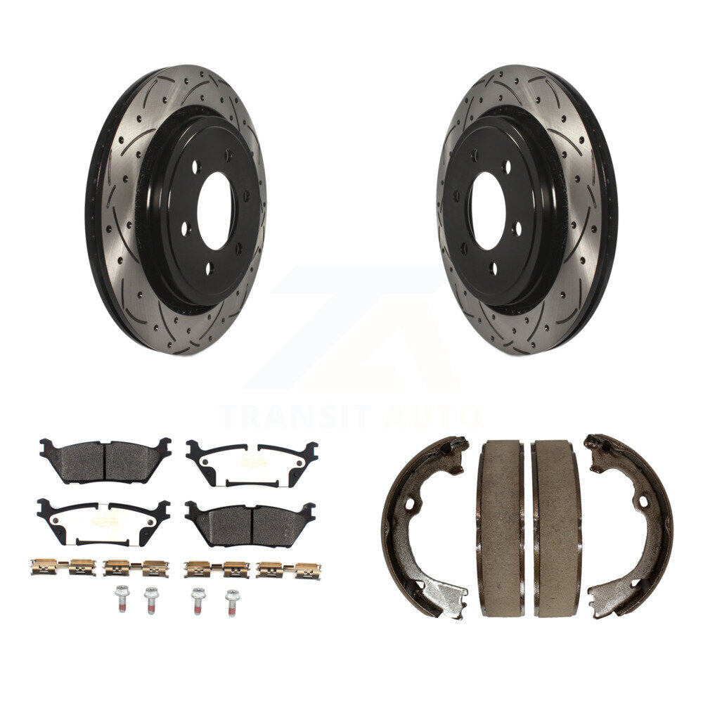 Rear Disc Drilled & Slotted Rotors Semi-Metallic Pads Parking Shoes Kit For Ford F-150 KDF-101406