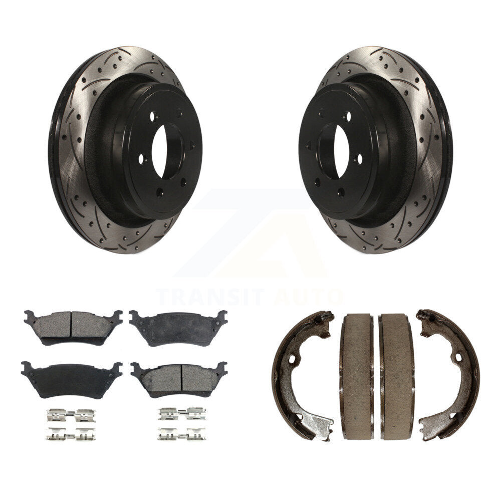Rear Disc Drilled & Slotted Rotors Semi-Metallic Pads Parking Shoes Kit For Ford F-150 KDF-101407