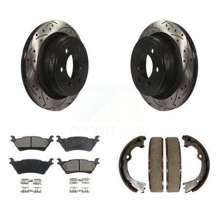 Rear Disc Drilled & Slotted Rotors Semi-Metallic Pads Parking Shoes Kit For Ford F-150 KDF-101407
