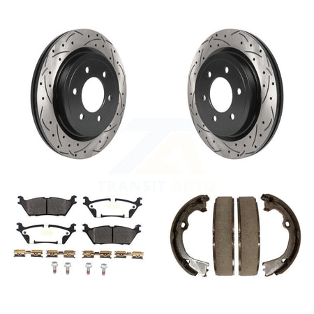 Rear Disc Drilled & Slotted Rotors Semi-Metallic Pads Parking Shoes Kit For Ford F-150 KDF-101408