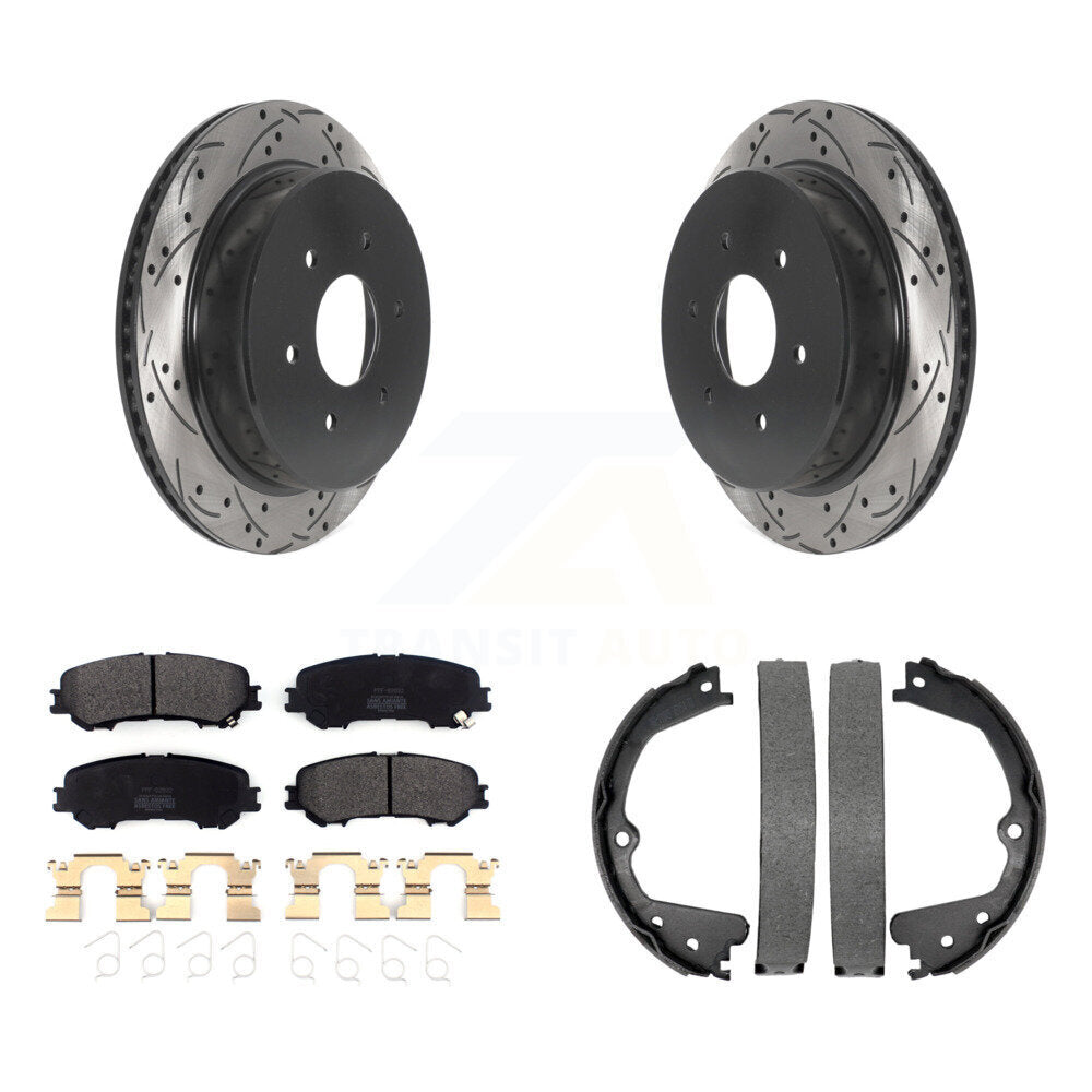 Rear Disc Drilled & Slotted Rotors Semi-Metallic Pads Parking Shoes Kit For Nissan TITAN KDF-101409