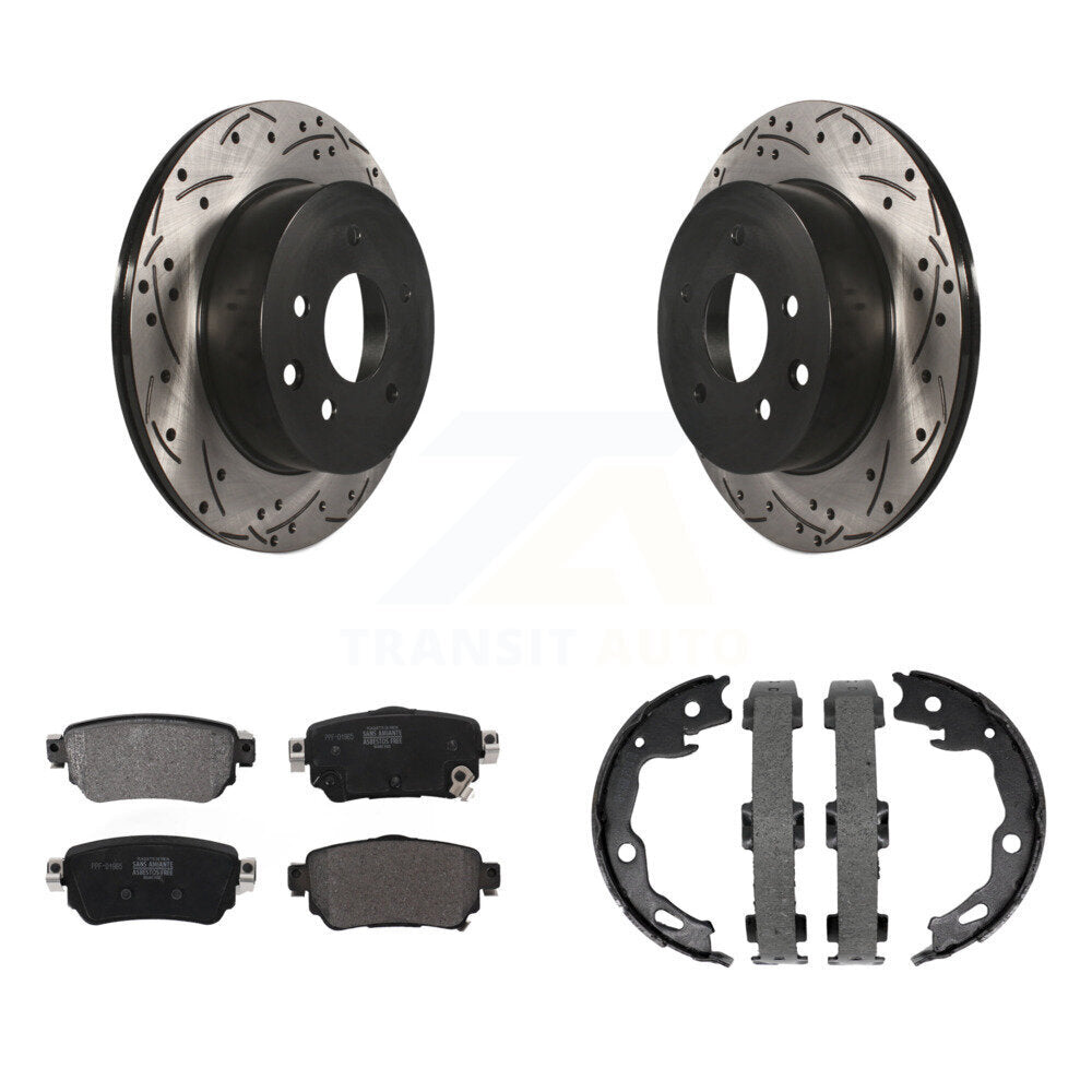 Rear Disc Drilled & Slotted Rotors Semi-Metallic Pads And Parking Brake Shoes Kit For KDF-101411