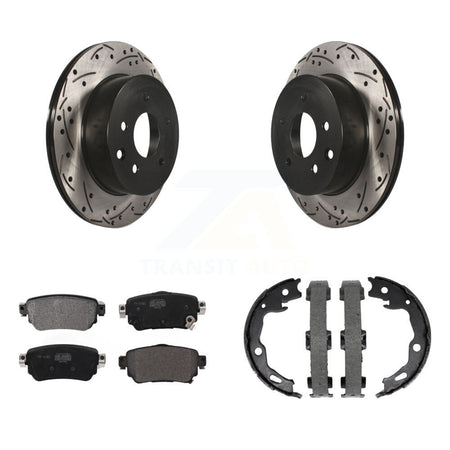 Rear Disc Drilled & Slotted Rotors Semi-Metallic Pads And Parking Brake Shoes Kit For KDF-101411