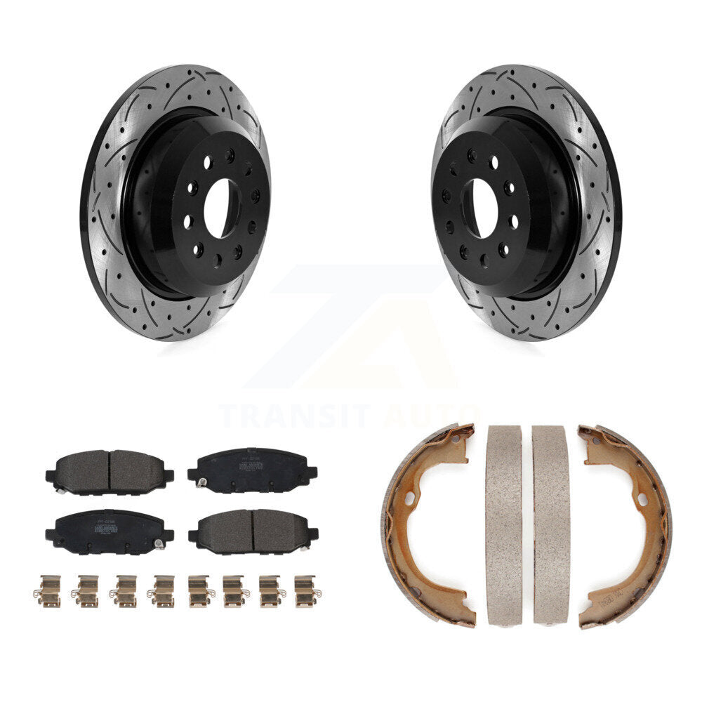 Rear Disc Drilled & Slotted Rotors Semi-Metallic Pads Parking Shoes Kit For Jeep Wrangler KDF-101415