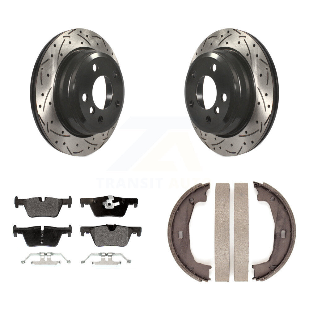 Rear Disc Drilled & Slotted Rotors Semi-Metallic Pads Parking Shoes Kit For BMW 320i 428i KDF-101422