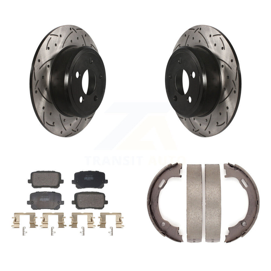 Rear Disc Drilled & Slotted Rotors Semi-Metallic Pads Parking Shoes Kit For Dodge Charger KDF-101426
