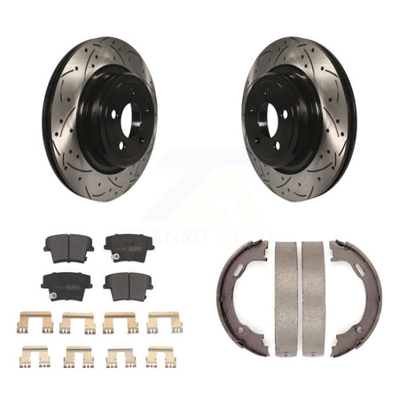 Rear Disc Drilled & Slotted Rotors Semi-Metallic Pads Parking Shoes Kit For Dodge Charger KDF-101427