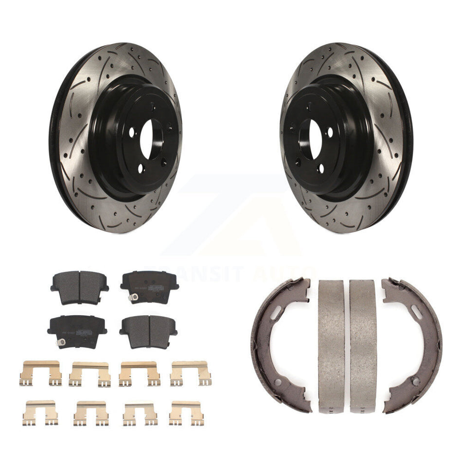 Rear Disc Drilled & Slotted Rotors Semi-Metallic Pads Parking Shoes Kit For Dodge Charger KDF-101427