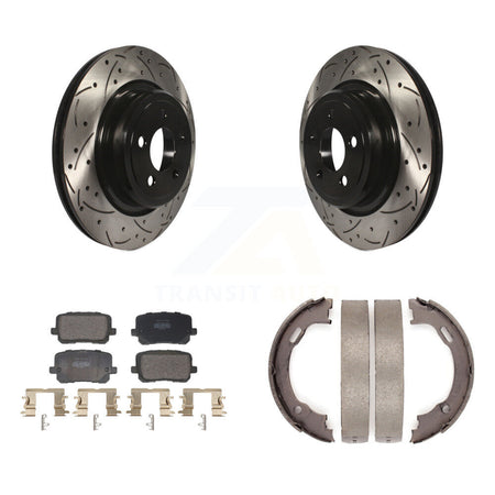 Rear Disc Drilled & Slotted Rotors Semi-Metallic Pads Parking Shoes Kit For Dodge Charger KDF-101431