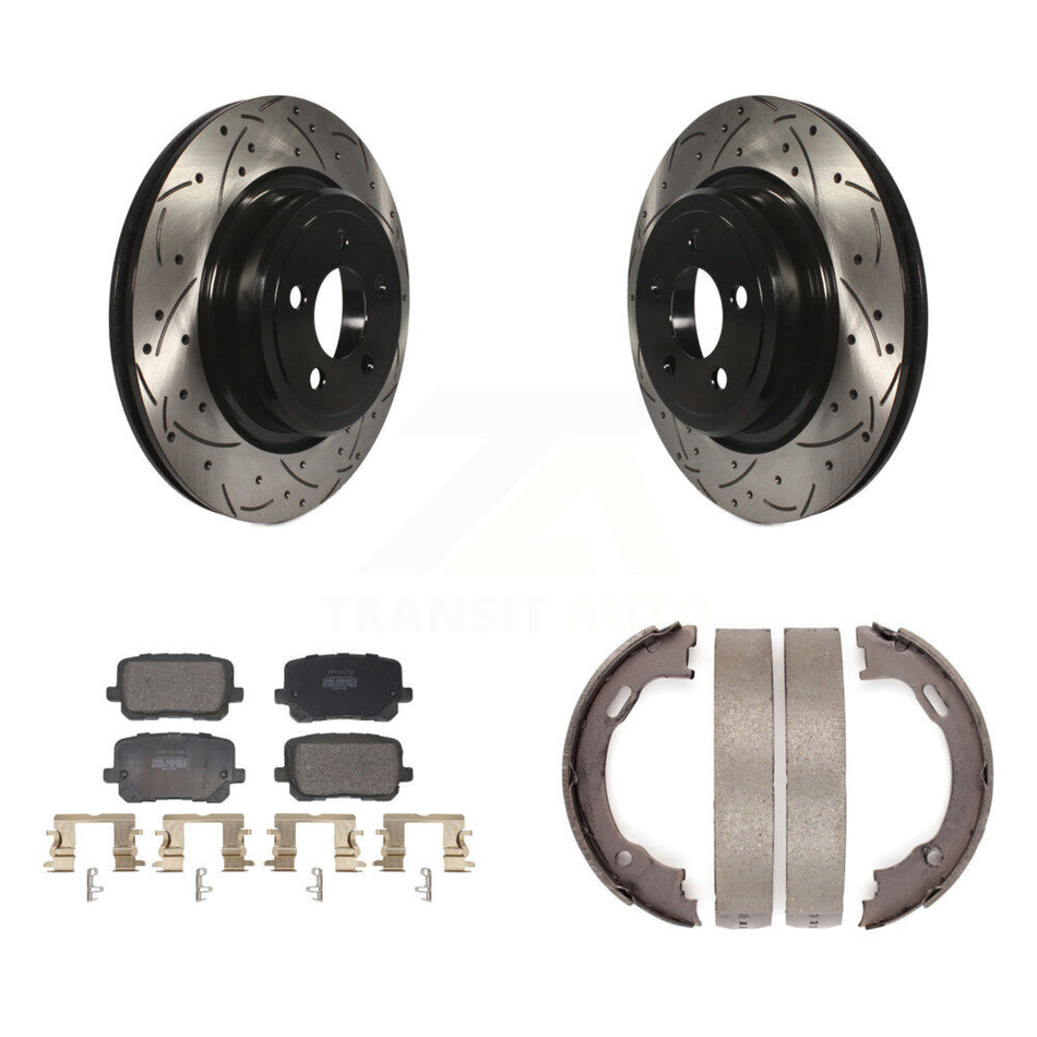 Rear Disc Drilled & Slotted Rotors Semi-Metallic Pads Parking Shoes Kit For Dodge Charger KDF-101431