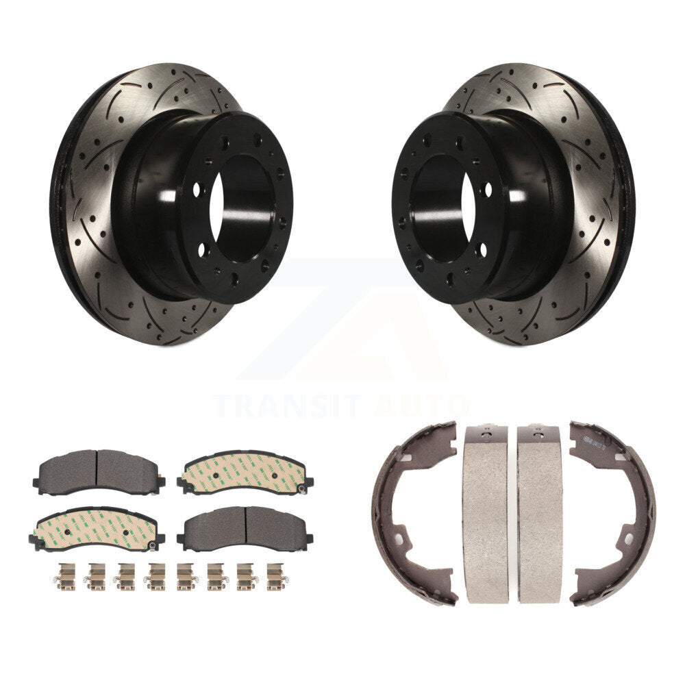 Rear Disc Drilled & Slotted Rotors Semi-Metallic Pads Parking Shoes Kit For Ram 2500 3500 KDF-101432
