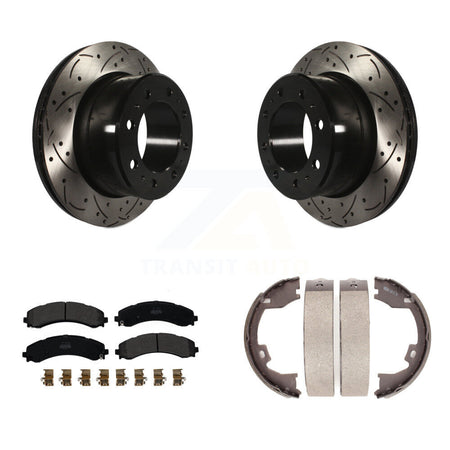 Rear Disc Drilled & Slotted Rotors Semi-Metallic Pads And Parking Shoes Kit For Ram 3500 KDF-101433