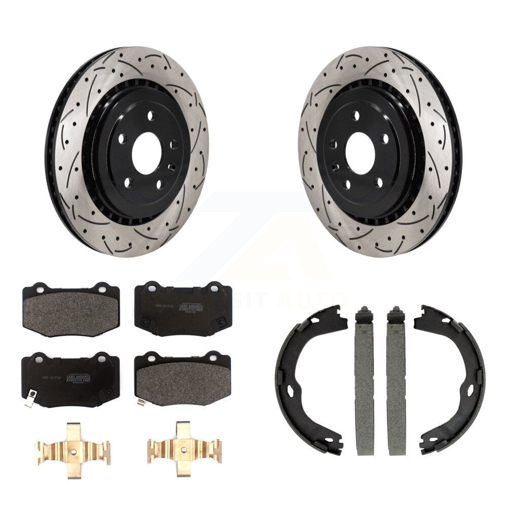 Rear Disc Drilled & Slotted Rotors Semi-Metallic Pads Parking Shoes Kit For Chevrolet ATS KDF-101437
