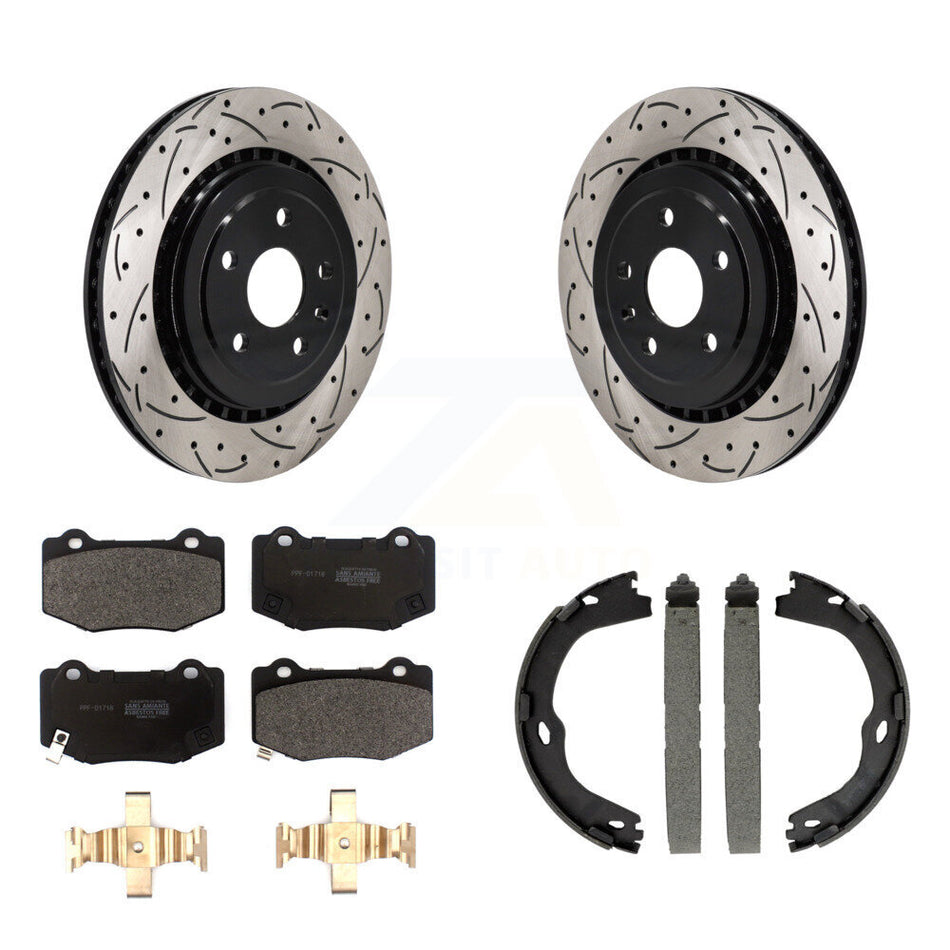 Rear Disc Drilled & Slotted Rotors Semi-Metallic Pads Parking Shoes Kit For Chevrolet ATS KDF-101437
