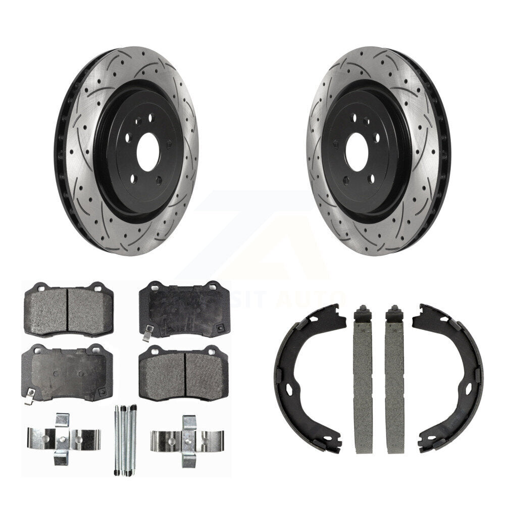 Rear Disc Drilled & Slotted Rotors Semi-Metallic Pads Parking Shoes Kit For Chevrolet CTS KDF-101438