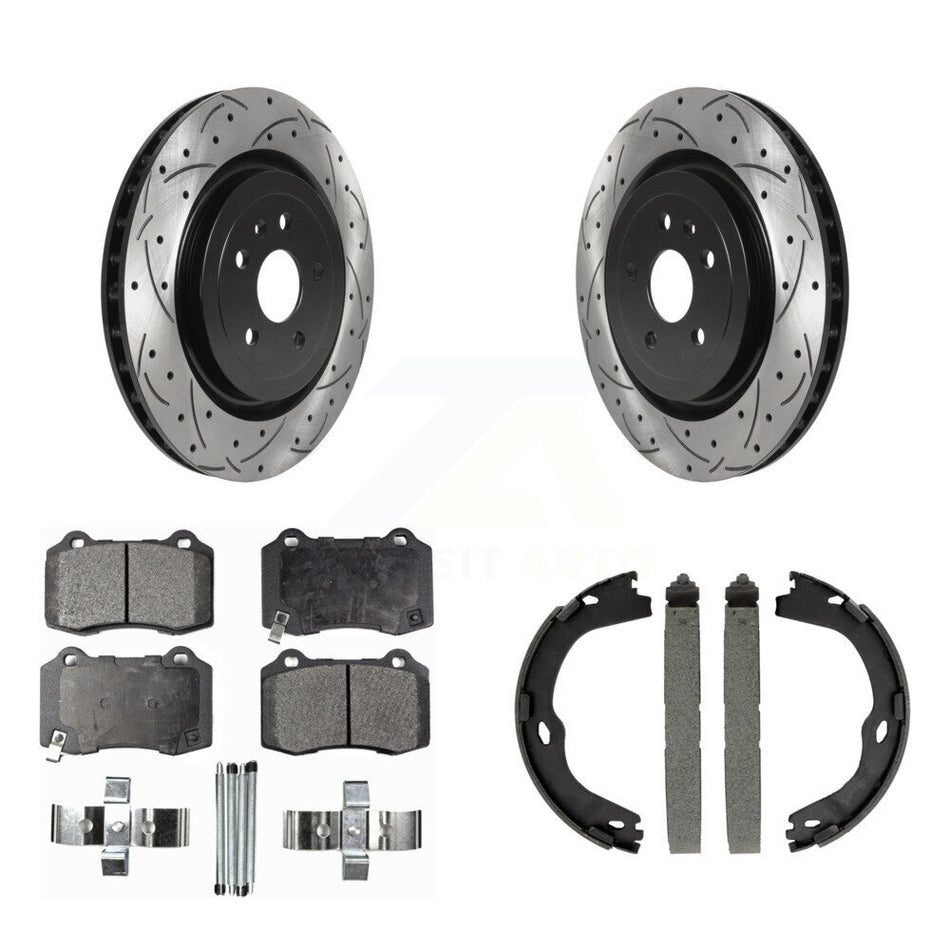 Rear Disc Drilled & Slotted Rotors Semi-Metallic Pads Parking Shoes Kit For Chevrolet CTS KDF-101438