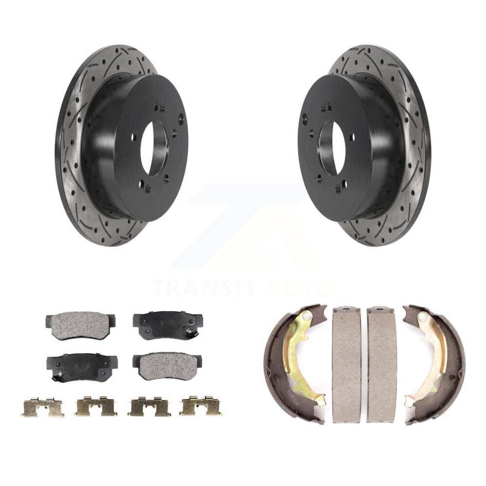 Rear Disc Drilled & Slotted Rotors Semi-Metallic Pads Parking Shoes Kit For Hyundai Kia KDF-101440