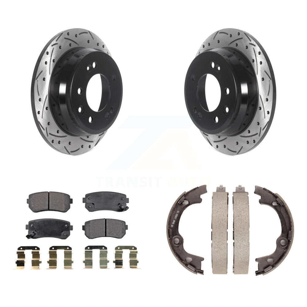 Rear Disc Drilled & Slotted Rotors Semi-Metallic Pads Parking Brake Shoes Kit For Hyundai KDF-101443