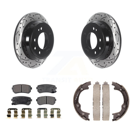 Rear Disc Drilled & Slotted Rotors Semi-Metallic Pads Parking Brake Shoes Kit For Hyundai KDF-101443