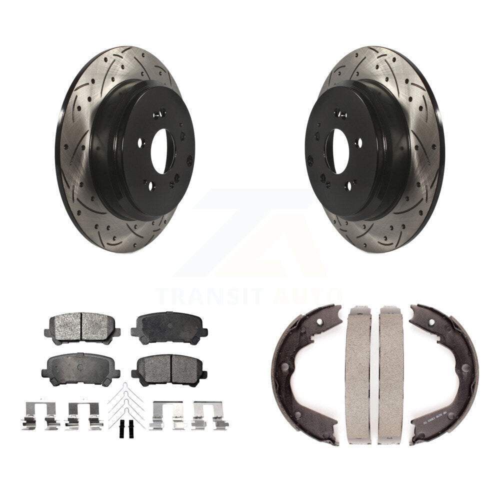 Rear Disc Drilled & Slotted Rotors Semi-Metallic Pads Parking Shoes Kit For Honda Pilot KDF-101444