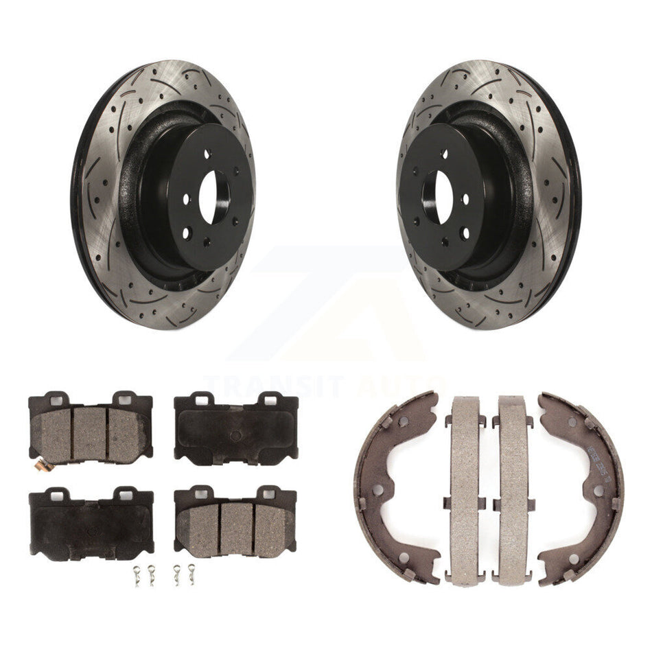 Rear Disc Drilled & Slotted Rotors Semi-Metallic Pads Parking Shoes Kit For INFINITI G37 KDF-101449