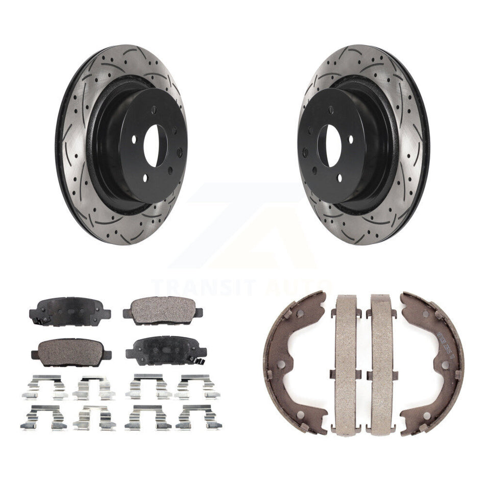 Rear Disc Drilled & Slotted Rotors Semi-Metallic Pads Parking Shoes Kit For INFINITI G35 KDF-101452