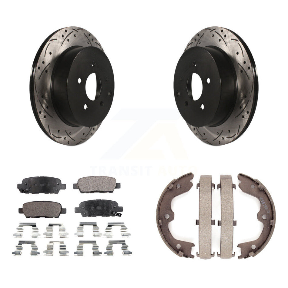 Rear Disc Drilled & Slotted Rotors Semi-Metallic Pads Parking Shoes Kit For INFINITI FX35 KDF-101454