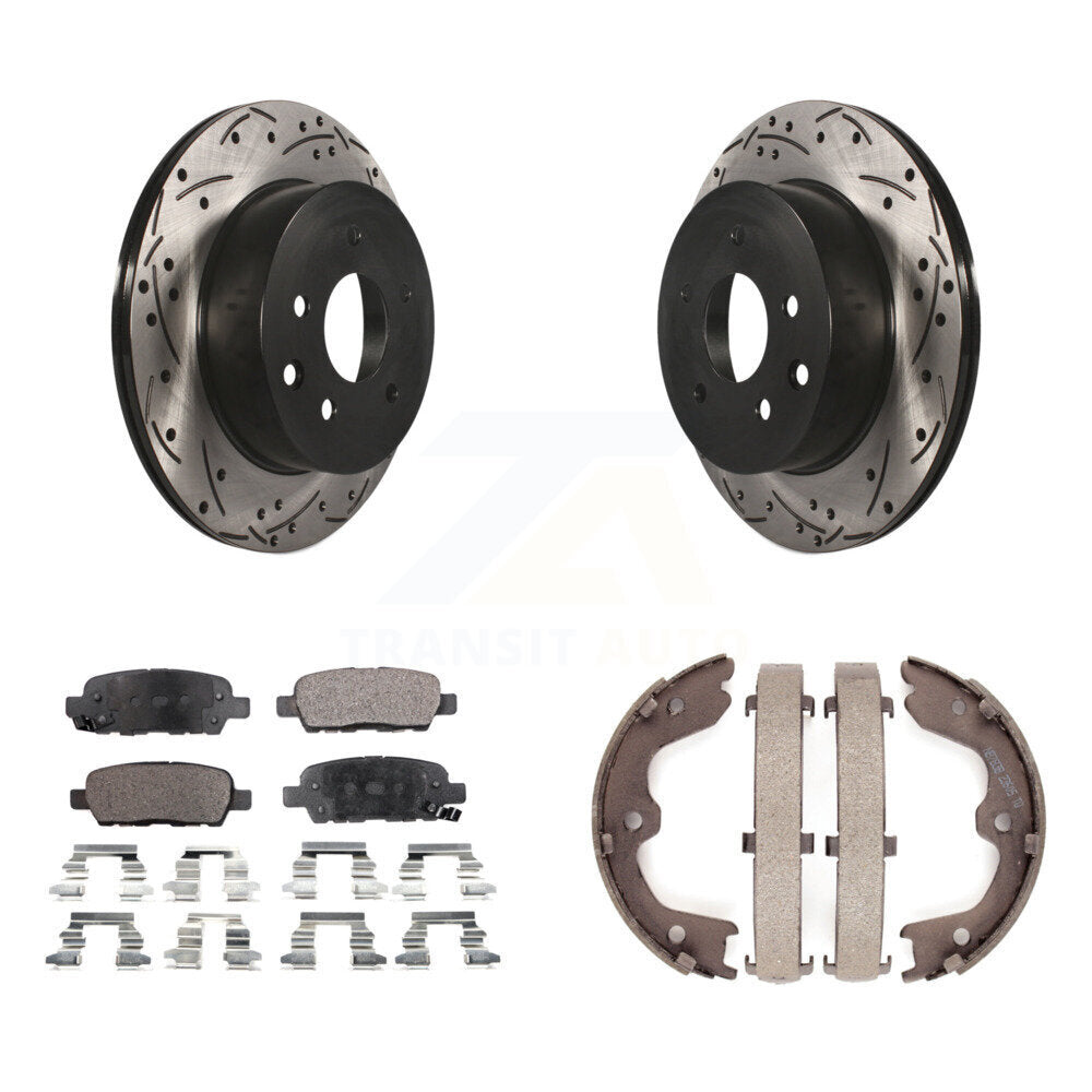 Rear Disc Drilled & Slotted Rotors Semi-Metallic Pads Parking Shoes Kit For INFINITI G35 KDF-101456