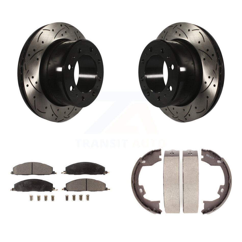 Rear Disc Drilled & Slotted Rotors Semi-Metallic Pads Parking Shoes Kit For Ram 3500 2500 KDF-101458