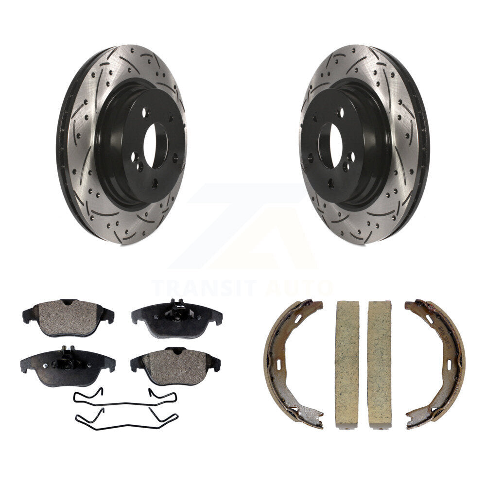 Rear Disc Drilled & Slotted Rotors Semi-Metallic Pads Parking Shoes Kit For Mercedes-Benz KDF-101464