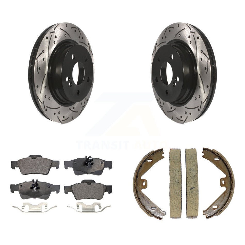 Rear Disc Drilled & Slotted Rotors Semi-Metallic Pads And Parking Brake Shoes Kit For KDF-101465