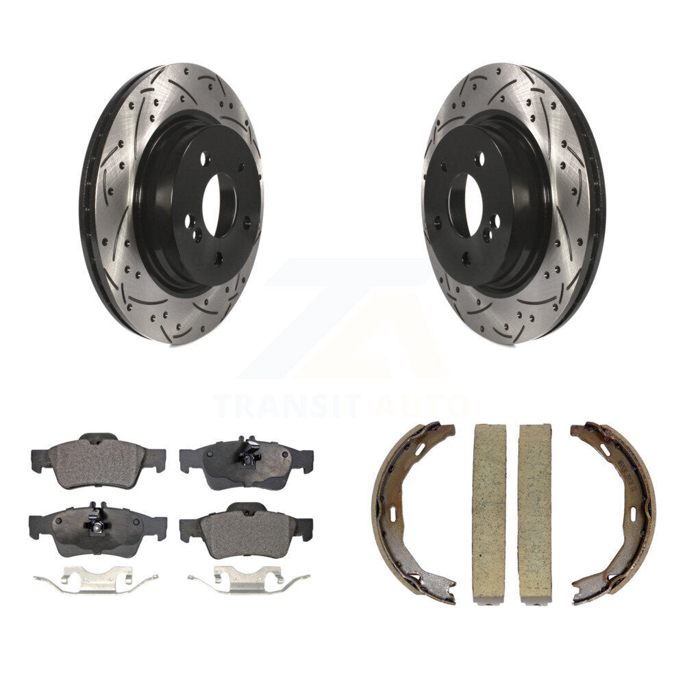 Rear Disc Drilled & Slotted Rotors Semi-Metallic Pads And Parking Brake Shoes Kit For KDF-101467