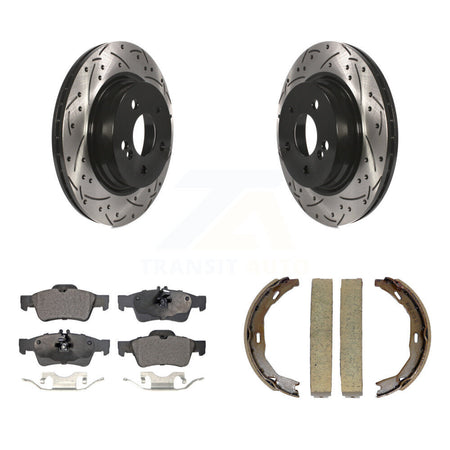 Rear Disc Drilled & Slotted Rotors Semi-Metallic Pads And Parking Brake Shoes Kit For KDF-101467